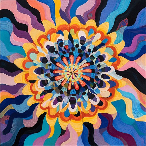 A colorful journey through a kaleidoscope of joyful sounds, with electric guitar leads, shimmering synths, and rhythmically enchanting percussion, creating a vivid and euphoric psychedelic experience