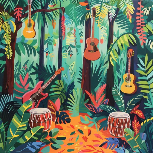 A dynamic fusion of rhythmic dub grooves and funky guitar, accented with ambient rainforest sounds. It creates an energizing and atmosphere, making listeners feel like they're in a vibrant jungle.