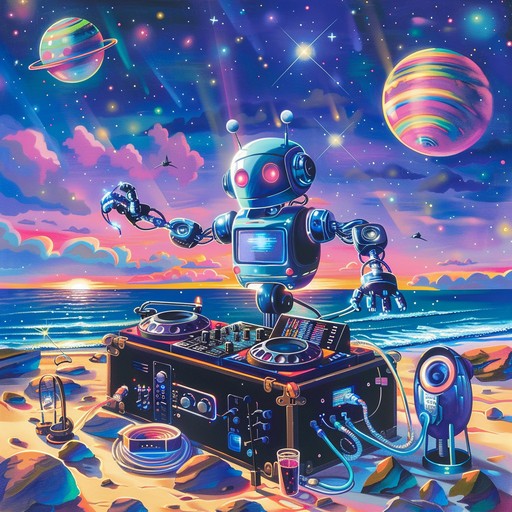 Picture a galactic beach party where a robot dj combines the classic vibes of surf rock with space age electronic sounds into a bold, daring, and playful rendition.