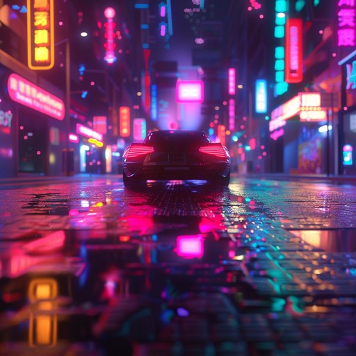 Imagine a high-speed chase through a futuristic city with neon lights and towering skyscrapers. The music is fast-paced, with a relentless drum n bass rhythm driving the excitement. Twists and turns in the composition mirror the unexpected maneuvers in the chase.