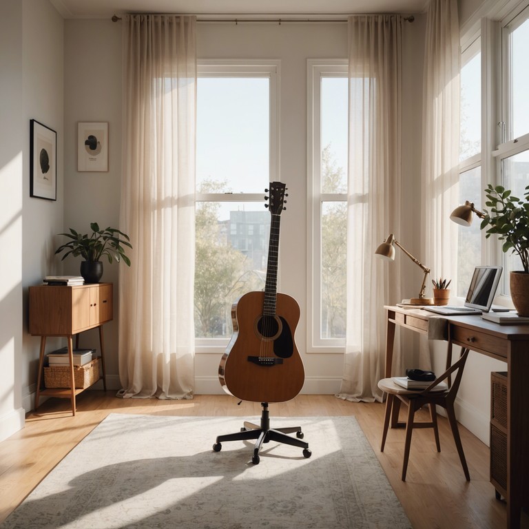 Creating an atmosphere of serenity and gentle engagement, this music provides a lightly engaging background that promotes productivity and minimizes stress. The guitar's soft strums fill the air, perfect for a professional yet relaxed environment.