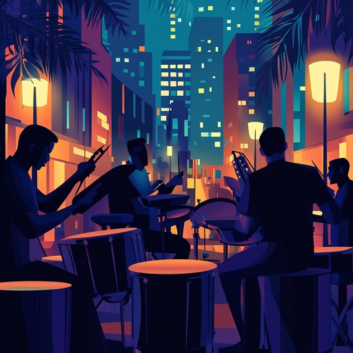 A vibrant blend of traditional rumba rhythms fused with urban beats, creating an energetic yet soulful instrumental piece. The track should feature expressive percussion, melodic bass lines, and atmospheric elements to evoke the bustling nighttime city scenes with a festive edge. The mix of percussive elements and modern urban sounds will bring a fresh and dynamic feel to the composition.