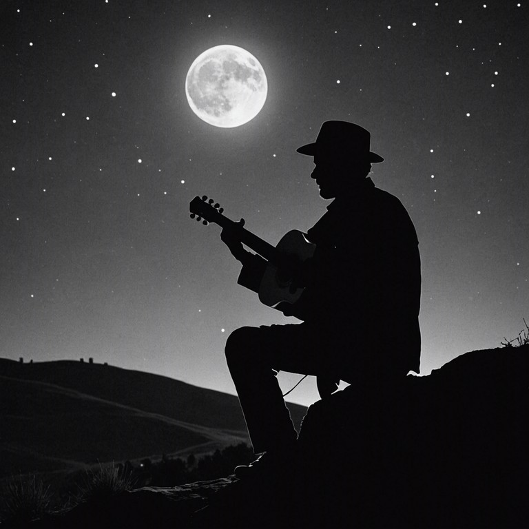 Imagine a solitary troubadour under the expansive night sky, surrounded by silence, playing gentle melodies that echo through the calm landscape. The music captures the essence of solitude and the intimate connection between the musician, his instrument, and the quiet of a peaceful night.