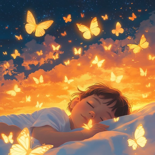 An instrumental children's song filled with gentle tones and soothing rhythms, designed to relax and calm young listeners as they drift into a peaceful sleep. The melodies evoke images of butterflies fluttering at sunset, creating a dreamy and serene atmosphere perfect for quiet moments or bedtime.