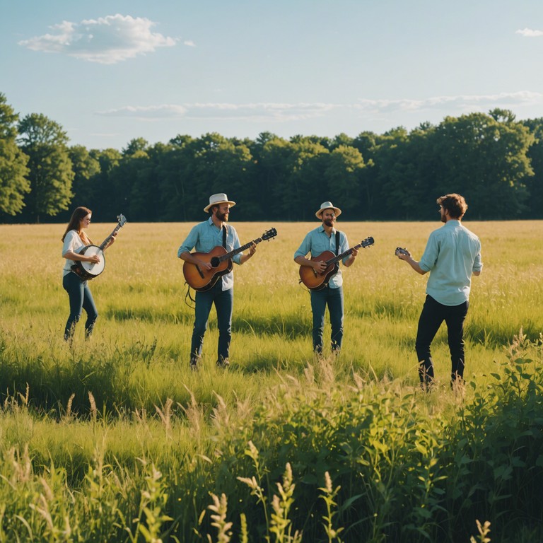 Imagine a lively gathering in a sunlit field where everyone is dancing and laughing under the open sky. The music features dominant banjo plucks that embody the spirit of an old fashioned celebration, evoking feelings of joy and companionship. It's as if the listener is part of an ecstatic, whirlwind hoedown, with rhythmic beats that compel you to tap your feet.