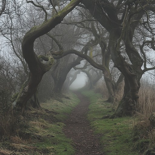 A chilling instrumental blending ethereal guitar tones with subtle, eerie background sounds, painting a sonic picture of wandering alone through a silent, haunted forest where every rustle hints at unseen entities.