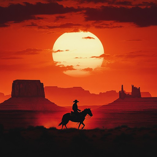 A sweeping orchestral piece that evokes the vast landscapes, dusty trails, and untamed spirit of the american frontier. The music builds with tension, depicting a lone rider's journey through desolate canyons and open plains, culminating in a climactic showdown under the blazing sun.