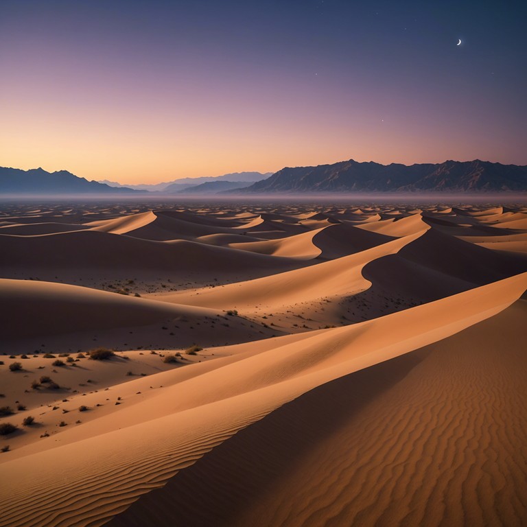 Alternative description: this composition uses the gentle and soothing tones of a flute to tell a story of the desert's profound secrets and allure. As the day ends, the melody intertwines with the whispers of the sand, creating a peaceful, yet enigmatic atmosphere.