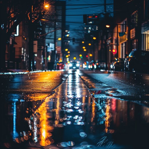 A gritty lofi instrumental exploring the melancholic reflections of city streets at night. Ambient sounds of distant traffic and soft rain enhance the nostalgic mood, while a warm, soothing melody carries an undertone of hope through the urban chaos.