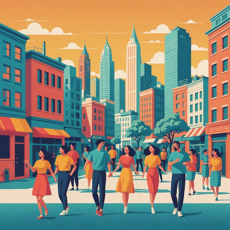 This instrumental piece captures the essence of a vibrant city during summer with its upbeat and groovy rhythm, making listeners feel like they are walking down sunny boulevards, enjoying the warmth and energetic vibe. The music features a strong funky bassline and rhythmic drum patterns that infuse a sense of joy and leisure.