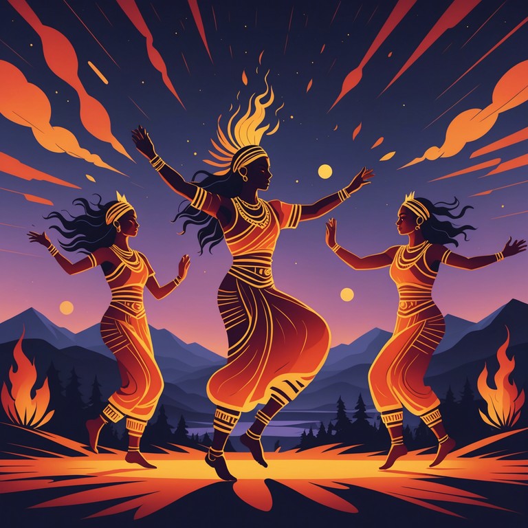 A high octane, energetic track that merges the powerful drive of electronic music with the timeless appeal of tribal instruments, evoking the image of a spirited dance around the fire under a starlit sky.