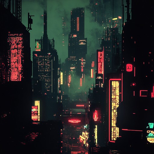 An immersive track with driving beats, dark synths, and rapid arpeggios. Evoke the tension and chaos of a neon lit, dystopian cityscape. Imagine being chased through narrow alleys, the relentless rhythm underscoring your heartbeat.