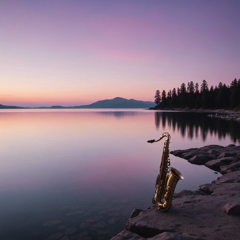 An evocative saxophone performance that encapsulates the essence of a peaceful evening by the lake, with slow, tender notes echoing over the serene water, inviting deep relaxation and a connection with nature's unwinding day