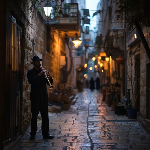 On a narrow, atmospheric street in an ancient jewish neighborhood, a lone clarinetist pours heart and soul into music. The haunting yet animated melody captures the clash of joy and sorrow, drawing invisible dancers into a fervent, emotional dance, embodying life's complex history.