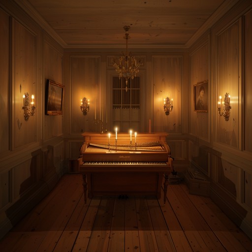 A serene baroque composition featuring delicate harpsichord strokes echoing softly in a cozy chamber, transporting the listener to a tranquil, candle lit evening of courtly romance