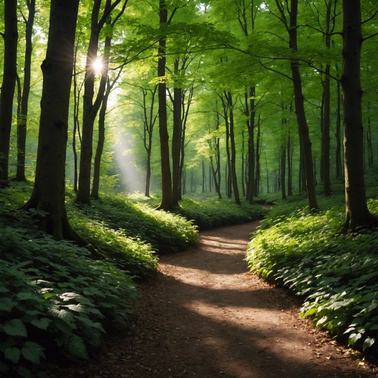 Transport your senses to a lush, verdant forest where light and shadow play through the leaves, creating a mesmerizing backdrop for the delicate strains of a solo harp. The music is a gentle caress, like the wind whispering through the trees, perfect for moments of reflection or meditation.