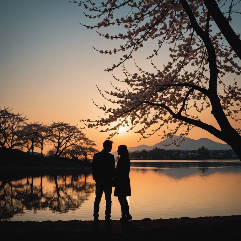 A delicate piece capturing the ephemeral beauty of cherry blossoms at sunset, reflecting the tender, fleeting moments of young love in a romantic anime. Soft piano notes evoke a sense of deep longing and gentle affection.