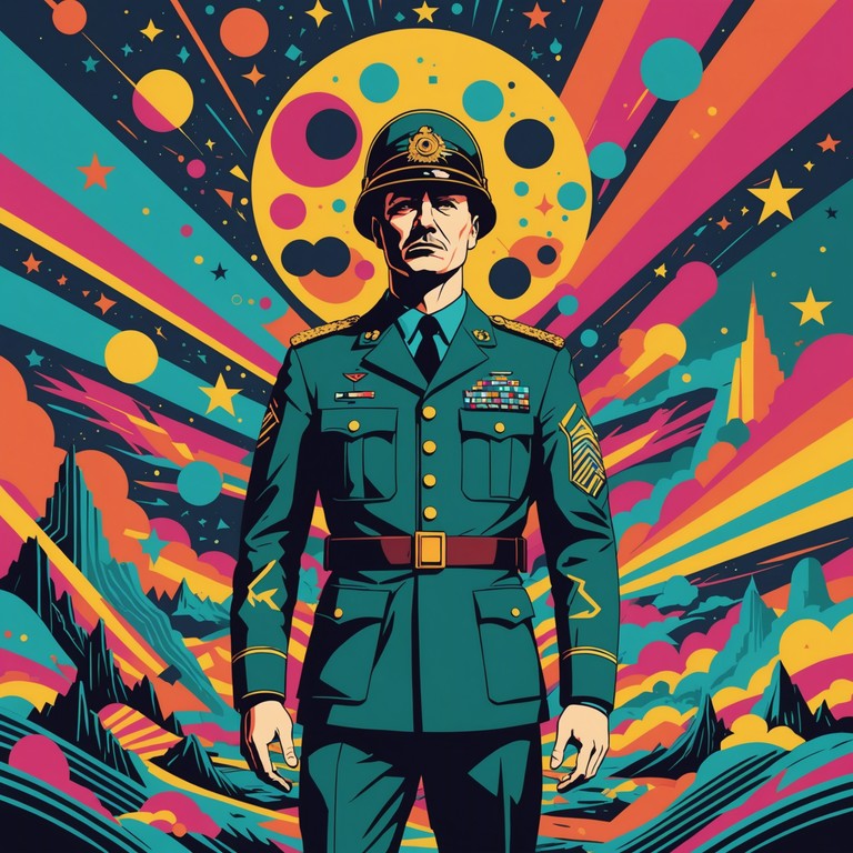 Experience the disciplined beats of military music as they venture into the unpredictable world of psychedelic sounds, creating a uniquely trippy yet structured auditory experience. The consistent drumming provides a grounding force as swirling, hallucinogenic audio effects invite the listener into a deeper exploration of sound.