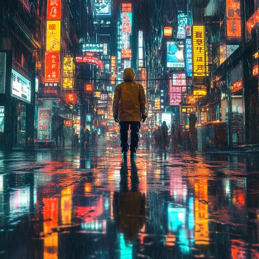 An instrumental journey combining atmospheric synth layers and driving beats, evoking the sensation of traversing a futuristic city's rain soaked streets, illuminated by flickering neon lights and engulfed in a tense, mysterious atmosphere of a cyberpunk world.