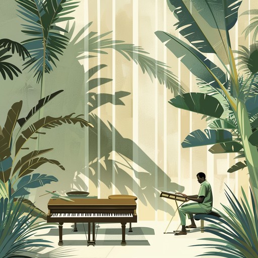 Soothing marimba melodies set against a backdrop of a gently breezy afternoon, capturing the essence of calmed, unhurried moments within a warm, tropical setting.