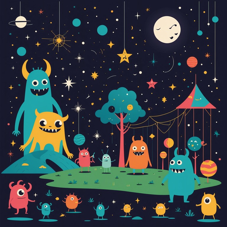 A lively instrumental piece using playful rhythms and mysterious tones to represent a child's imaginative night fears turned into fun. Ideal for engaging children in a narrative about overcoming fear with joy.