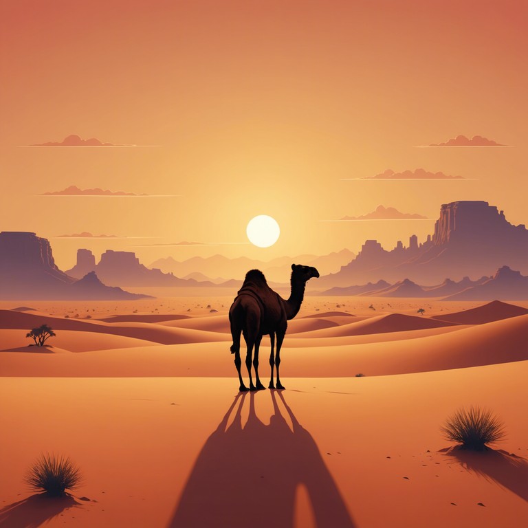 A soft, haunting melody echoes the solitude and vastness of the middle eastern desert as dusk falls. The music captures the essence of yearning and deep reflection using traditional instruments and styles, evoking a feeling of longing that is both beautiful and melancholic.