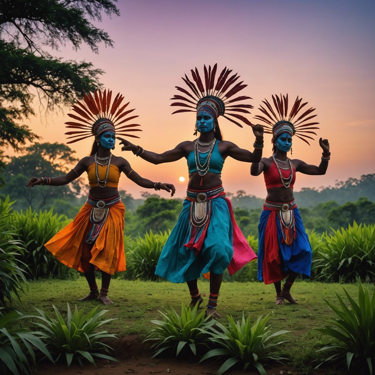 The sun dips below the horizon, casting a golden glow that illuminates a tribal gathering in full swing, with every drumbeat amplifying the sense of an ancient victory reenacted in the modern age. This soundscape invites listeners to partake in the age old traditions of triumph through music.