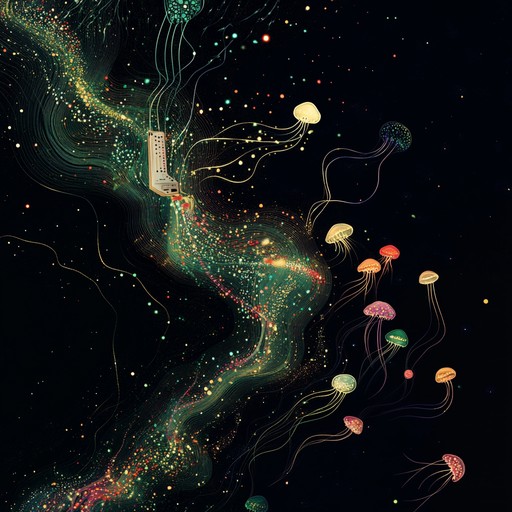 An exhilarating instrumental blending ethereal theremin melodies with pulsating cosmic disco rhythms, creating a hypnotic soundscape that transports listeners to an alien dance floor beneath glowing jellyfish.