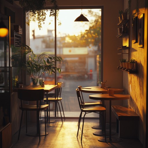 Capture the feeling of an evening at a cozy coffee shop, with warm, soothing melodies blending seamlessly with gentle ambient sounds of chatter and clinking cups. Perfect for winding down or focusing on creative work.