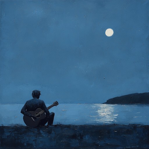 A solitary guitar strums a sorrowful bossa nova under the twilight sky, capturing the heart's unfathomable depth and the sea's eternal solitude, as the day fades quietly into night.