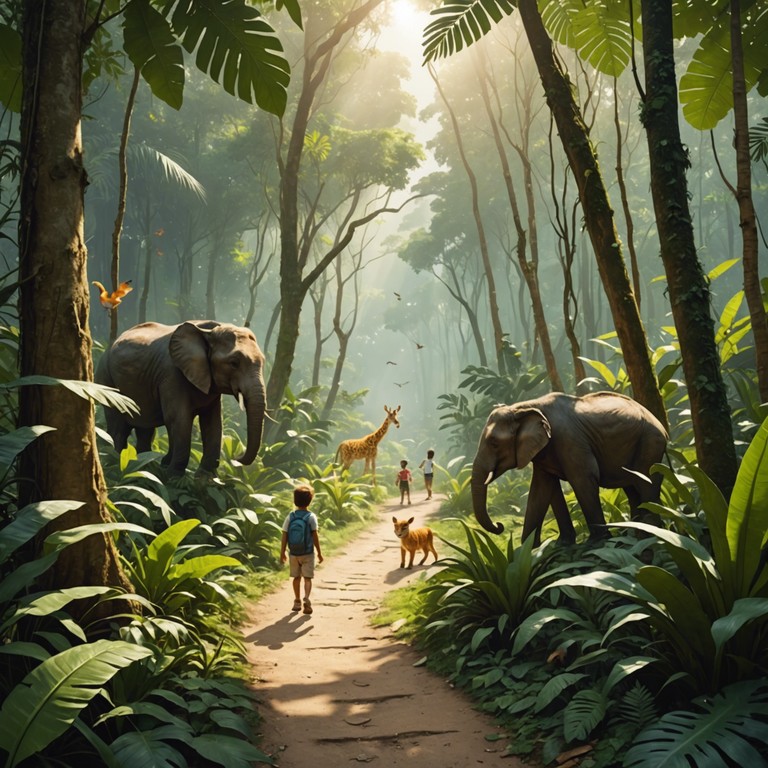 In an alternative portrayal, the music dives deeper into the fantasy aspect of a jungle exploration led by children. It gives listeners a more vivid, imaginative experience of adventure and wonder using the same playful and joyous tones.