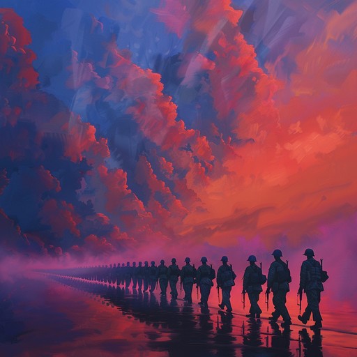 A compelling military march that evokes a sense of duty, bravery, and triumph. Incorporating dramatic orchestral elements, it builds gradually from a solemn beginning to a powerful, resounding finale. Perfect for capturing the essence of a disciplined yet courageous spirit facing monumental challenges.