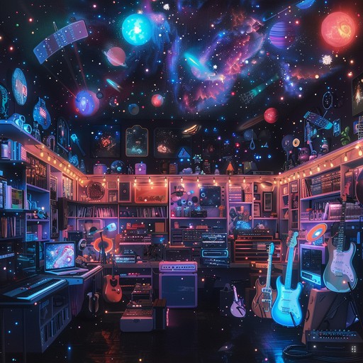 Experience an intergalactic journey through a celestial playroom where toy like instruments create enchanting and dreamlike melodies, offering a whimsical escape to otherworldly realms.