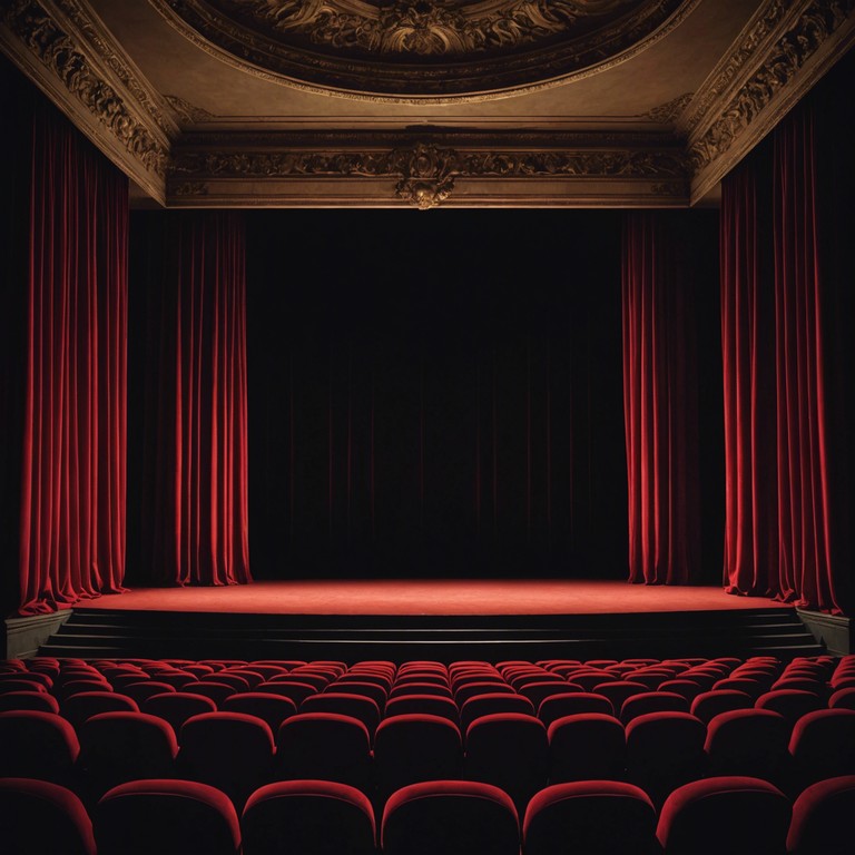 Imagine a grand, dimly lit theater, where soft orchestra whispers creep beneath dramatic red curtains, intensifying the suspense hanging over an unseen, nervous plot twist. The scene is set in a near empty theater where shadows seem to play the main role, blending an air of anticipation with foreboding. Every stroke of the violin deepens the mystery, pulling the audience into a labyrinth of emotional complexity.