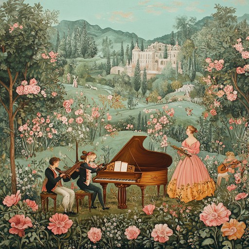 An intricate waltz set in a whimsical rococo garden, featuring harpsichord and delicate string arrangements. The melodies weave through florid and elegant harmonies, creating a sophisticated and playful atmosphere