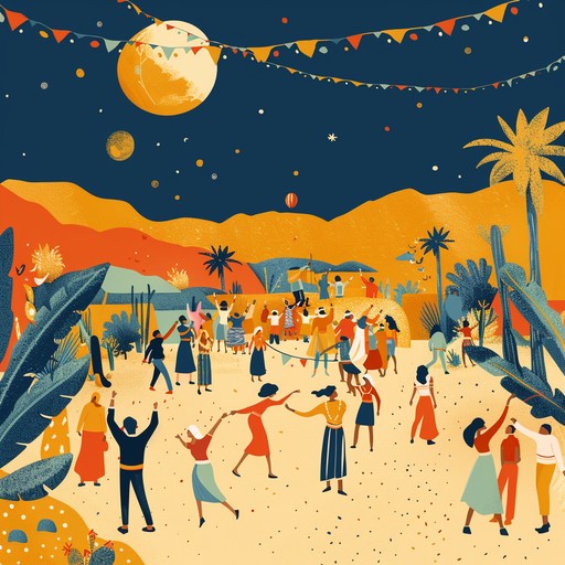 A lively fusion of traditional and modern middle eastern sounds, driven by rhythmic percussion and vibrant melodic lines. This instrumental track immerses listeners in a celebratory desert atmosphere, with dynamic changes invoking joyous dancing under the sunlit sky.