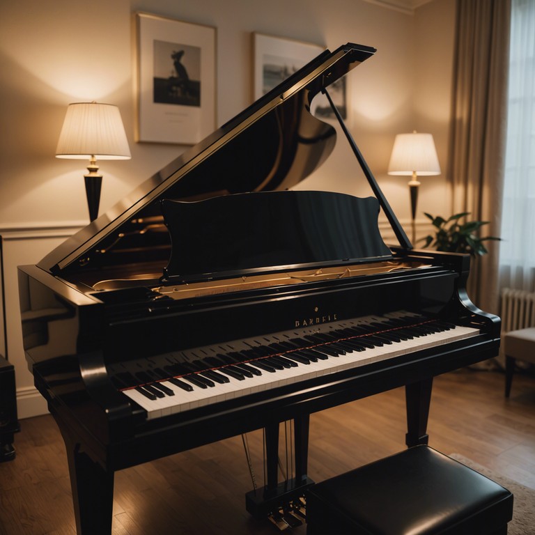 This alternative version emphasizes the delicate allure of the piano, enriched with neoclassical style, portraying an even more intimate dance ensconced in the shadows of velvet curtains, offering a closer, more personal engagement with the dreamy atmosphere and elegant tones.