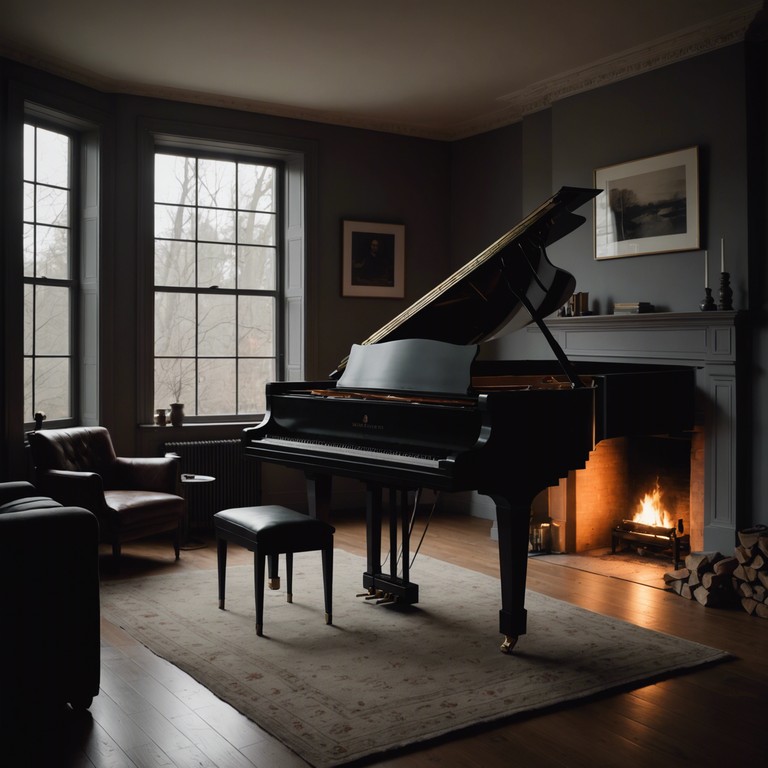 Expanding on the theme of warmth and connection, this alternative version focuses on the subtle play of light from a fireplace, highlighting the deeper, more contemplative tones of a grand piano. The music amplifies the essence of togetherness and serene contemplation during a quiet night.