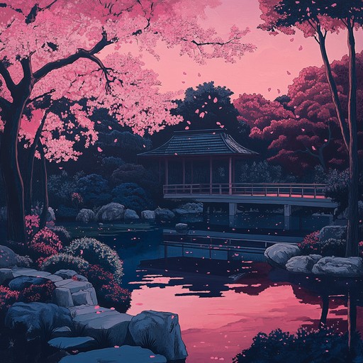 An instrumental anime composition capturing the essence of a twilight garden under falling cherry blossoms. The piano leads the way, its tender notes creating a space for quiet reflection and serene introspection. As the melody unfolds, it offers solace and a peaceful retreat for the contemplative mind, embodying the beauty of solitude.