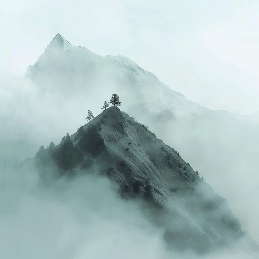 Craft a track that evokes the expansive and serene atmosphere of standing alone atop a foggy mountain at dawn. The music should slowly build, layering textures that mimic the gradual unveiling of the landscape as sunlight pierces through the mist, revealing forests and peaks in wakes of tranquility and majesty.