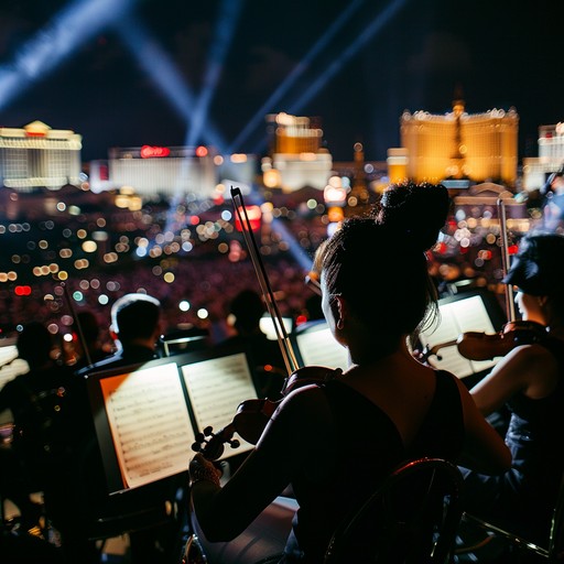 This instrumental track should embody the grandiose and mesmerizing atmosphere of las vegas nights, with a full orchestral arrangement that includes glissando trombones, legato cellos, and spiccato violins to provide a vibrant, cinematic sound. The music should evoke images of brightly lit casinos, luxurious velvet lounges, and an unforgettable night out in the city that never sleeps