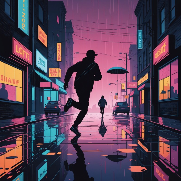 A high tempo drum n bass track utilizing rapid drum sequences and dark atmospheric synths to evoke a feeling of navigating through a suspenseful urban adventure at night. This track simulates the tension and exhilaration of a nocturnal pursuit through a cityscape illuminated by neon lights.