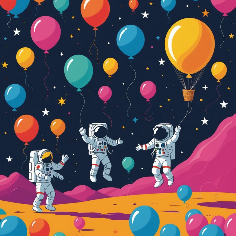 Imagine a surreal dance party happening right on the lunar surface, where gravity is low and spirits are high. The scene is set with colorful balloons dotting the silvery landscape, bouncing around as if alive, while the earth hangs distant in the black sky. This track combines whimsical tones with energetic rock rhythms, creating an out of this world dance experience