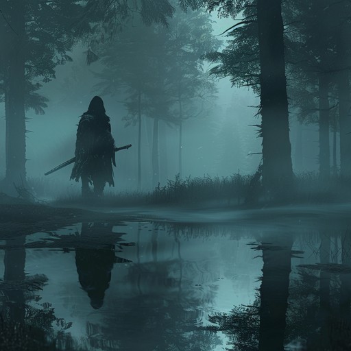 A deeply atmospheric anime soundtrack that combines traditional japanese shamisen melodies with darkwave synths, portraying a spectral samurai's somber journey through ancient, mist covered woods at twilight.