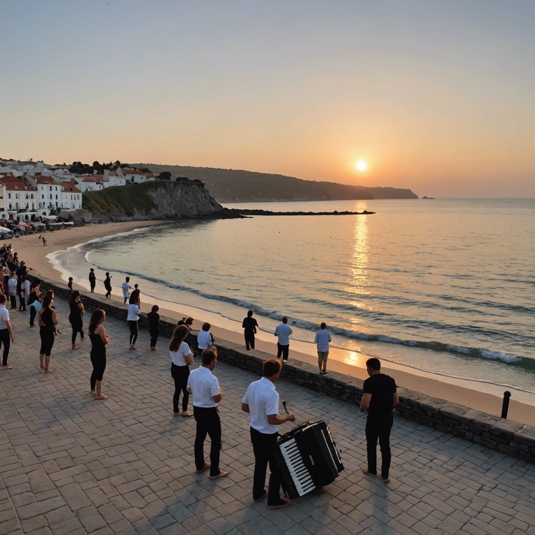 A musical fusion capturing the essence of a coastal festival under the setting sun, where joy and rhythm create an unforgettable dance experience.