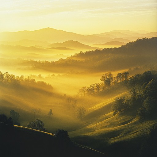 A mellow bluegrass piece featuring tranquil banjo and fiddle, evoking the serenity of a mist covered appalachian valley at sunrise. Soft strumming and gentle harmonies create a restful, ethereal atmosphere.