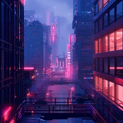 Experience the serenity of a cyberpunk landscape through gentle electronic harmonies and a peaceful rhythm, transporting you to a futuristic city bathed in the glow of neon lights, ideal for relaxation and reflective moments.