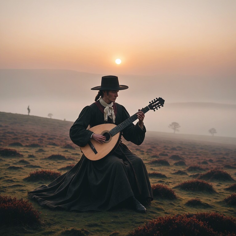 A solitary troubadour walks through fog laden moorlands, his songs echoing whispers of love lost and yearning for a return that may never come. His delicate strumming of a lute brings to life the haunting solitude of a wandering soul amidst the wide expanse of nature.