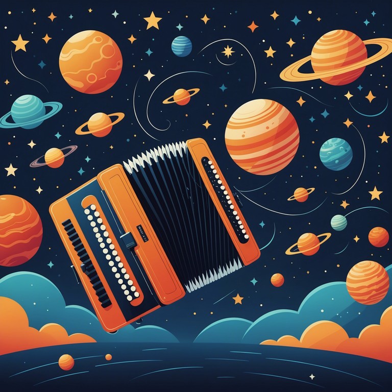 This track blends traditional polka rhythms with imaginative, futuristic sounds to explore the concept of an accordion playing in outer space. This experimental piece paints a lively yet bizarre scenario, where old world charm meets the mystery of the cosmos.