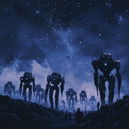 In a future where technology and militaristic precision have merged, robotic giants keep a rhythm that enforces new world laws. The piece reflects the eerie beauty of their synchrony under the light of a cold distant moon. The atmosphere is chilling yet awe inspiring as if the march spells a new era for civilization.